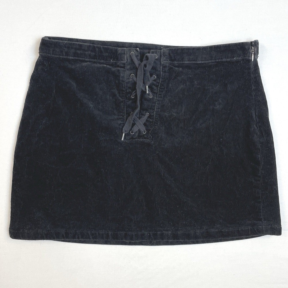 Womens Black Corduroy Lace Up Mini Skirt Whimsygoth Fairy Grunge Cottagecore